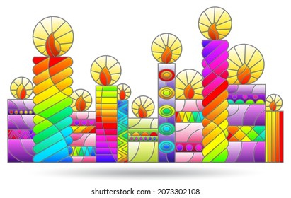 An illustration in the style of a stained glass window with a composition of bright candles, isolated on a white background