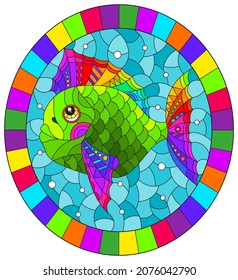 Illustration in the style of a stained glass window with a bright rainbow fish scalar on a background of blue water, oval image in bright frame