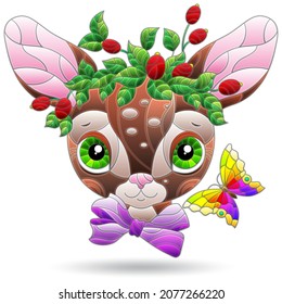 An illustration in the style of a stained glass window with a portrait of a cute cartoon fawn, the animal is isolated on a white background