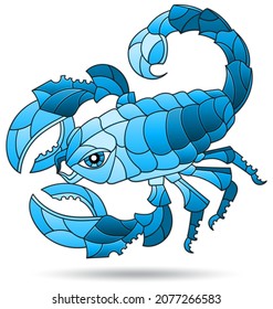 An illustration in the style of a stained glass window with a blue abstract scorpion, an animal isolated on a white background
