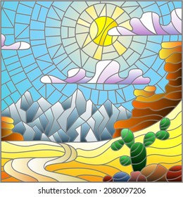 Illustration in the style of a stained glass window with a desert landscape, square image