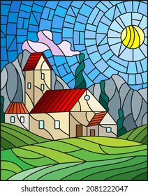 An illustration in the style of a stained glass window with a rural landscape, a house against the background of trees and the sky