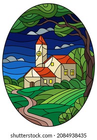An illustration in the style of a stained glass window with a rural landscape, a house against the background of trees and night sky