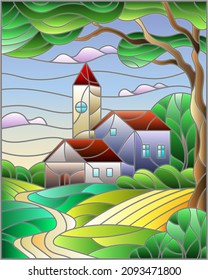 An illustration in the style of a stained glass window with a rural landscape, a house against the background of trees and the sky