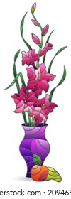 An illustration in the style of a stained glass window with a floral still life, a vase with gladioli isolated on a white background