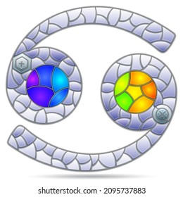 Illustration in the style of a stained glass window with the zodiac sign cancer, the symbol is isolated on a white background