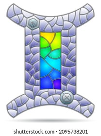 Illustration in the style of a stained glass window with a of zodiac signs gemini, figures isolated on a white background