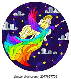 An illustration in the style of a stained glass window with an angel girl in a rainbow dress on the background of a starry night sky