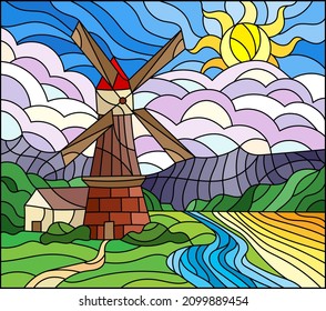 An illustration in the style of a stained glass window with a landscape, a mill against a background of meadows, mountains and a sunny sky