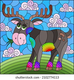 Illustration in the style of a stained glass window with a cute cartoon moose on the background of a green meadow and a cloudy sky