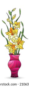 An illustration in the style of a stained glass window with a floral still life, a vase with gladioli isolated on a white background