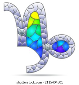Illustration in the style of a stained glass window with the zodiac sign Capricorn, the symbol is isolated on a white background