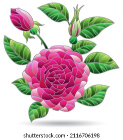 An illustration in the style of a stained glass window with a bright rose, a flower isolated on a white background