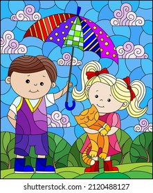 An illustration in the style of a stained glass window with a boy and a girl under an umbrella against a cloudy sky