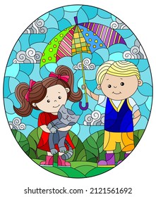 An illustration in the style of a stained glass window with a boy and a girl under an umbrella against a cloudy sky, oval image