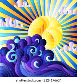An illustration in the style of a stained glass window with a seascape, the sun against the sky and sea waves, square image