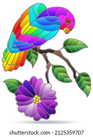 An illustration in the style of a stained glass window with a bright parrot on a branch, a bird isolated on a white background