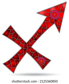 Illustration in the style of a stained glass window with the zodiac sign Sagittarius, the symbol is isolated on a white background