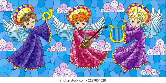 An illustration in the style of a stained glass window with angels with musical instruments on a cloudy sky background