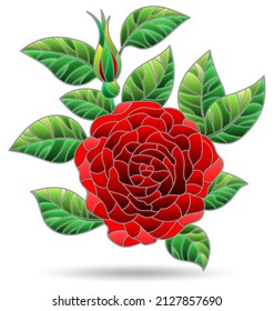 An illustration in the style of a stained glass window with a bright rose, a flower isolated on a white background