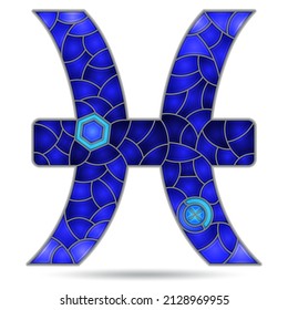 Illustration in the style of a stained glass window with the zodiac sign of pisces, the symbol is isolated on a white background