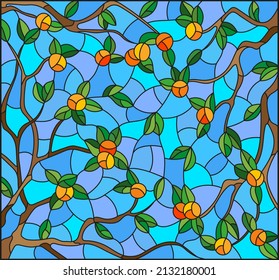 Ilustración al estilo de una vidriera con ramas naranjas, ramas con hojas y frutos en un fondo cielo azul