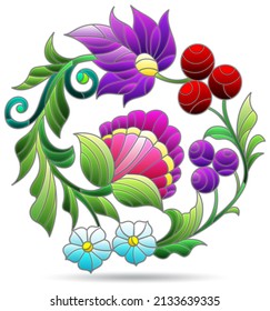 Illustration in the style of a stained glass window with a floral arrangement, flowers and leaves in a circle isolated on a white background