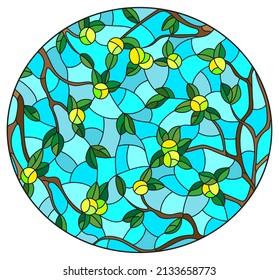 An illustration in the style of a stained glass window with apple tree branches, branches with leaves and fruits on a blue sky background, oval image