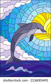 Illustration in the style of a stained glass window with dolphin on the background of the sunny sky and the sea