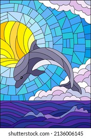 Illustration in the style of a stained glass window with dolphin on the background of the sunny sky and the sea