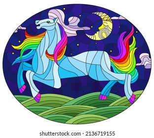 An illustration in the style of a stained glass window with an abstract horse on the background of a night landscape, oval image