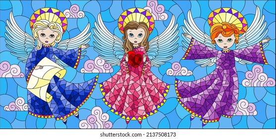 An illustration in the style of a stained glass window with a cute angels on a cloudy sky background