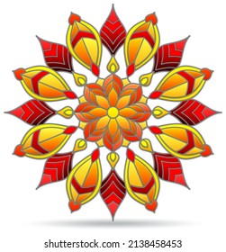 An illustration in the style of a stained glass window with a floral ornament, the element is isolated on a white background