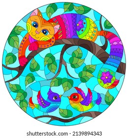 An illustration in the style of a stained glass window with a bright cat and birds on the branches of a tree against the sky, round image