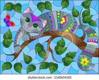 An illustration in the style of a stained glass window with a bright cat on the branches of a tree against the sky