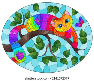 An illustration in the style of a stained glass window with a bright cat on the branches of a tree against the sky, round image
