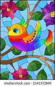 An illustration in the style of a stained glass window with a bright bird on the branches of a tree with flowers against the sky