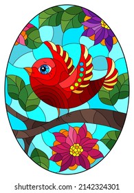 An illustration in the style of a stained glass window with a bright bird on the branches of a tree with flowers against the sky, oval image