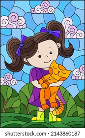 An illustration in the style of a stained glass window with a girl and cat against a cloudy sky