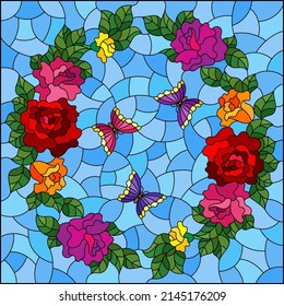 Illustration in the style of a stained glass window with a floral wreath of roses and butterflies , on a blue background