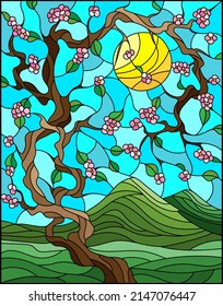 Illustration in the style of a stained glass window with a sakura tree on a background of sky and sun, rectangular image