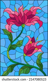 Illustration in the style of a stained glass window with a pink lily flower on a blue background, rectangular image