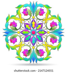 Illustration in the style of a stained glass window with a floral arrangement , plants isolated on a white background
