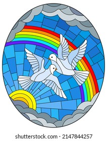 An illustration in the style of a stained glass window with a pair of pigeons on the background of a rainbow, sun and cloudy sky