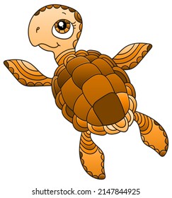 An illustration in the style of a stained glass window with a cartoon turtle, the animal is isolated on a white background, tone brown