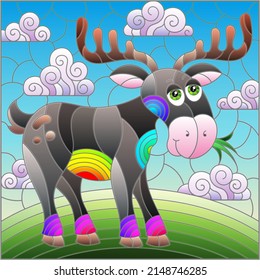 Illustration in the style of a stained glass window with a cute cartoon moose on the background of a green meadow and a cloudy sky