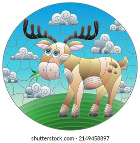 Illustration in the style of a stained glass window with a cute cartoon moose on the background of a green meadow and a cloudy sky