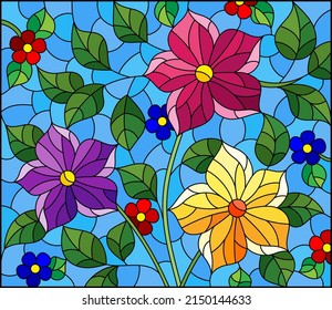 Illustration in the style of a stained glass window with a floral arrangement on a blue background, rectangular image