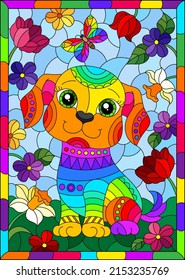 An illustration in the style of a stained glass window with a cute puppy on a background of sky, meadows and flowers, in a bright frame