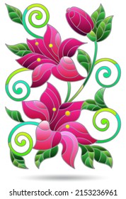 An illustration in the style of a stained glass window with lily flowers, a plant isolated on a white background